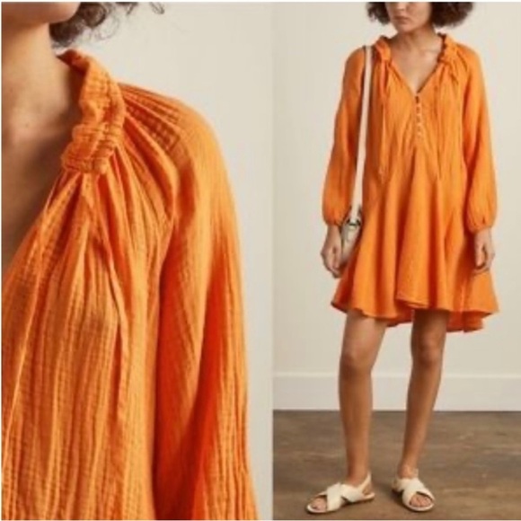Magaschoni 100% Organic Cotton Gauze Flowy Boho Dress in Turmeric Orange Size M - Picture 2 of 9